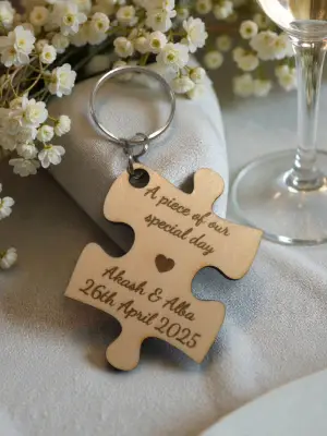 Personalized Wooden Puzzle Keyring, Custom Engraved Wedding Favors, Event Keepsake, Baptism Party Gift, Thank You Favors, Guest Keychain Set