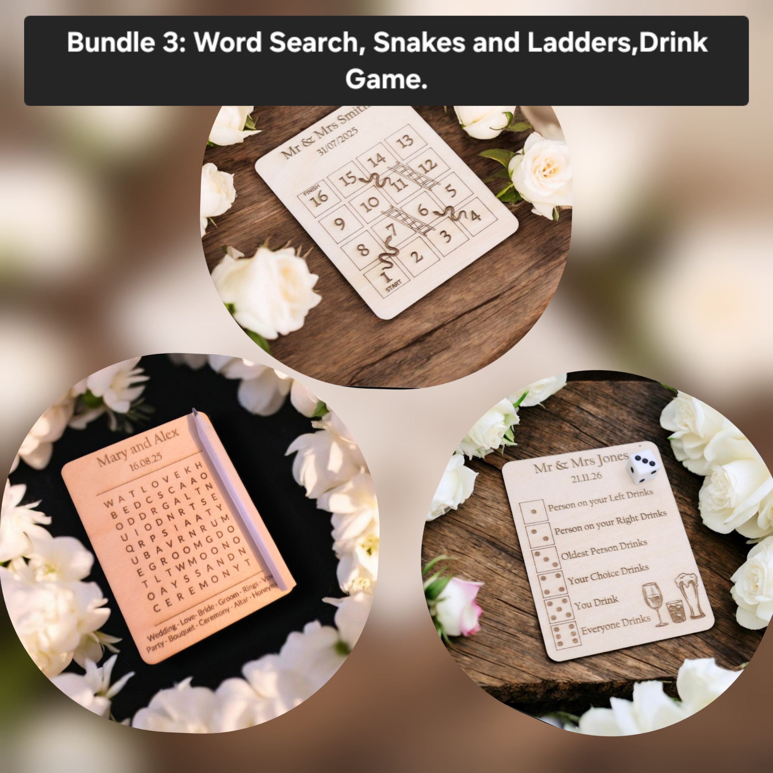 A premium set of three wooden board games featuring Tic Tac Toe, Snakes and Ladders, and a Word Search puzzle board made of natural wood.