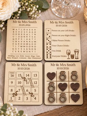 Personalized Wooden Wedding Party Games – Tic Tac Toe, Snakes Ladders Rustic Favors. Wedding Games mini favour Noughts & Crosses. 4-in-1 Personalised Wooden Wedding Party Games