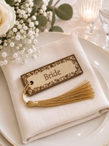 A handcrafted wooden table tag with a vibrant colored tassel designed by KatiStudioDesigns for event decor.