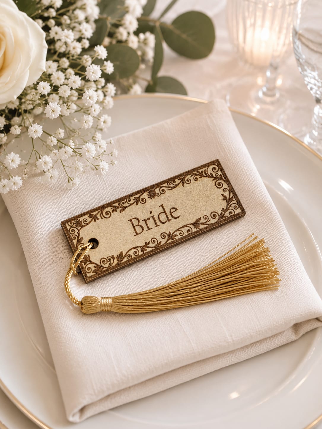 A handcrafted wooden table tag with a vibrant colored tassel designed by KatiStudioDesigns for event decor.