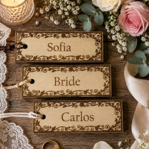 A handcrafted wooden table tag with a vibrant colored tassel designed by KatiStudioDesigns for event decor.